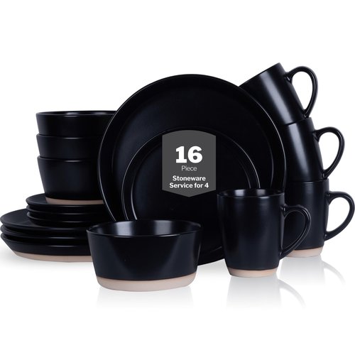 Stone Lain Jules Stoneware 16-Piece Dinnerware Set, Plates and Bowls, Service for 4, Black, Microwave & Dishwasher Safe