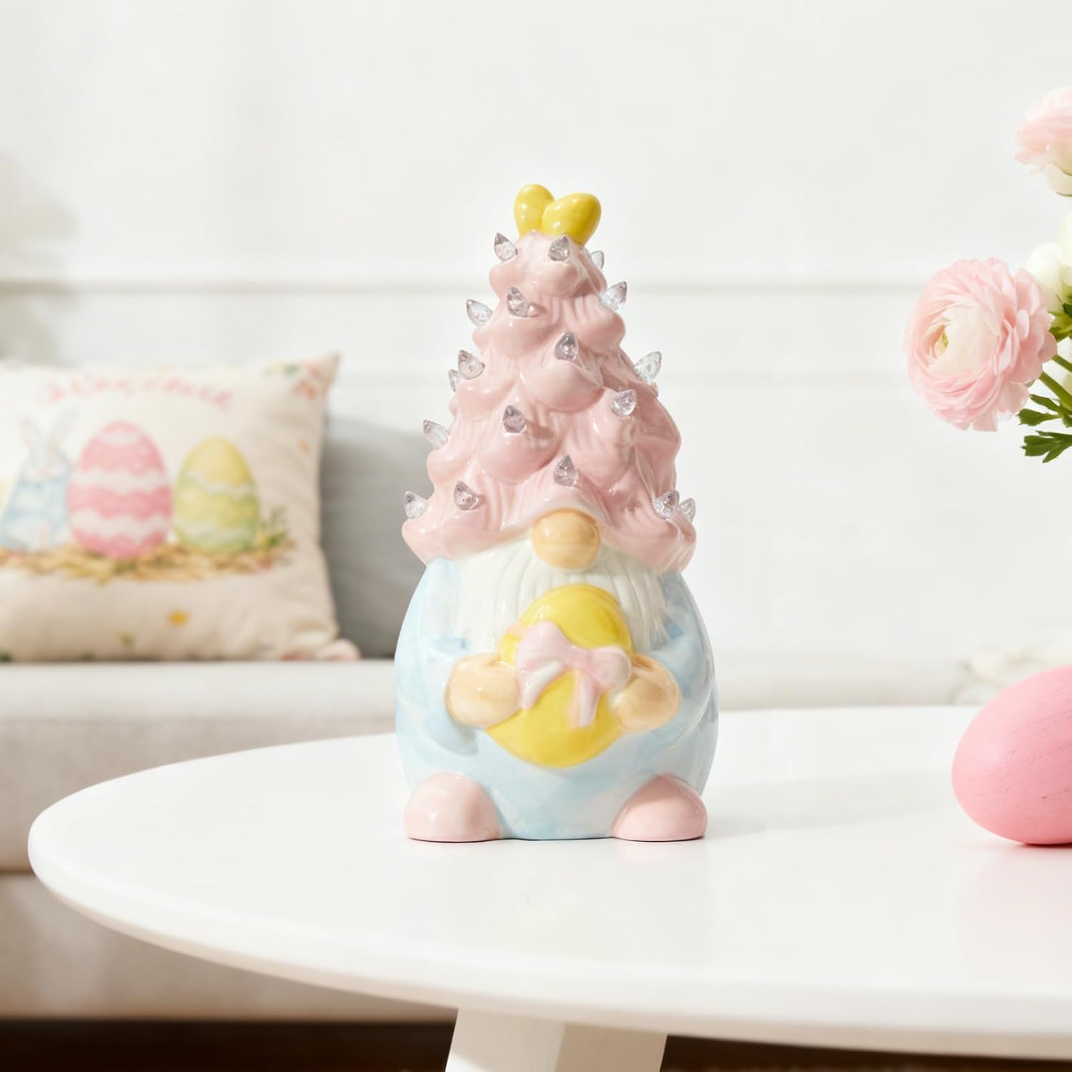 WDS Wondrous Lighted Gnome Figurine - Ceramic LED Easter Decor with Pink Hair & Egg | Spring Table Centerpiece
