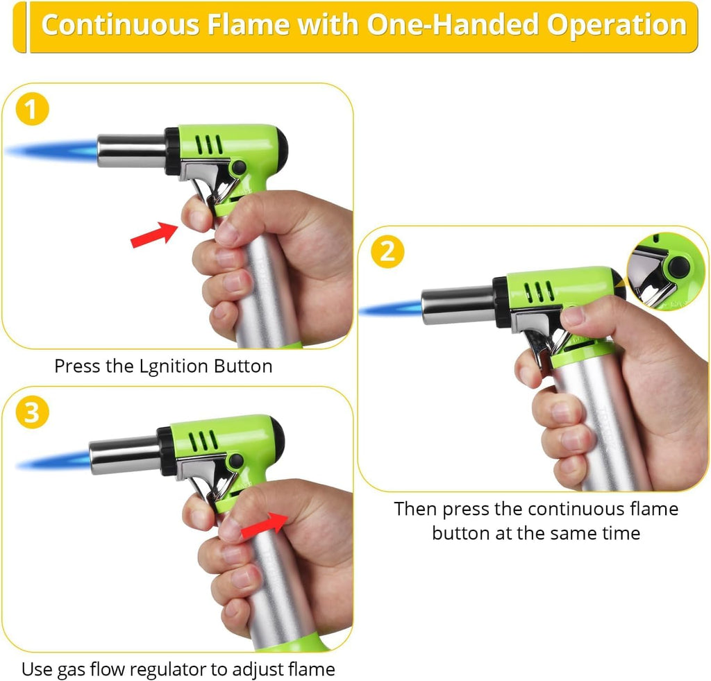 TBTeek Butane Torch - One-Hand Operation Kitchen Torch with Adjustable Flame for Grilling & Baking - Green