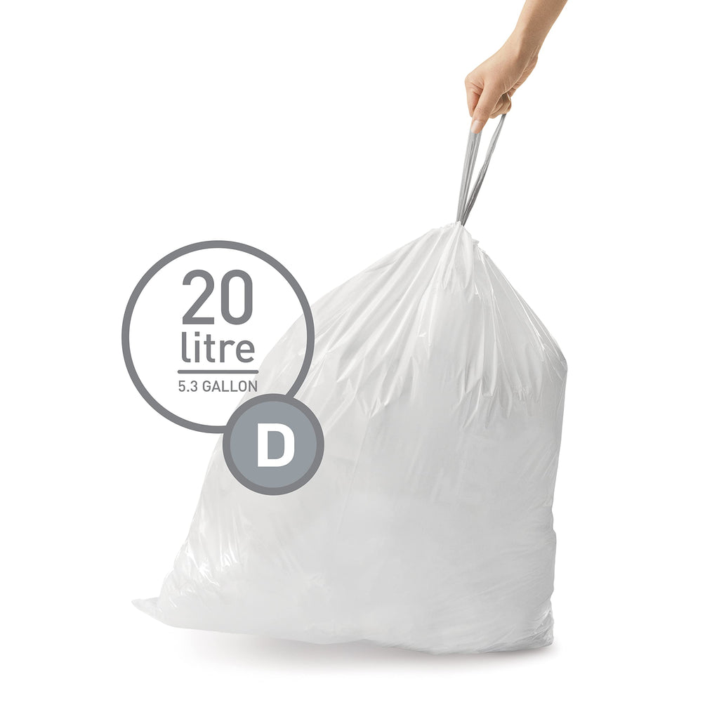 simplehuman Code D 100 Count, Dispenser Pack Custom Fit Liners, Drawstring Trash Bags, 20 Liter / 5.3 Gallon, White