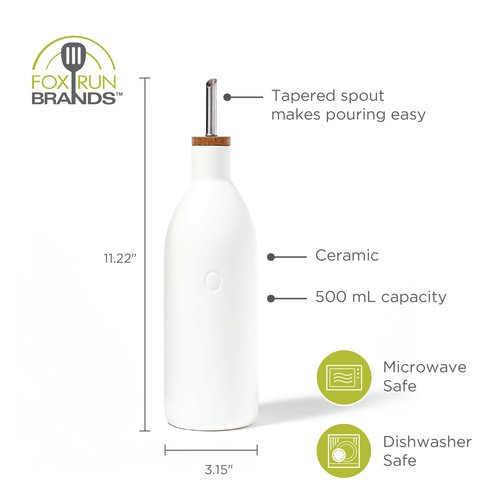 Fox Run White Ceramic Oil Bottle, 17 oz/500 ML Olive Oil Dispenser With Pouring Spout and Cap