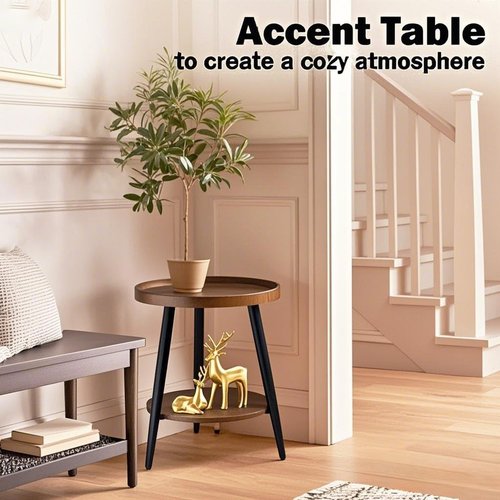 FANTERSI Small Round Side Table, 2-Tier Mid Century Modern Side Table, Round End Table Small End Table for Living Room, Metal Frames, Brown