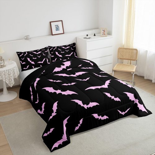 Erosebridal Halloween Bedding Set Full Size for Kids Boys Youth Pink Bats Comforter Set Happy Holiday Gothic Quilt with 2 Pillow Cases Spooky Animal Bedding Comforter Sets