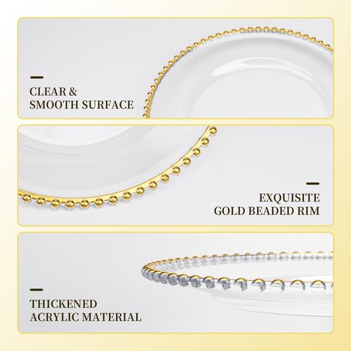 40 PCS Gold Beaded Charger Plates, 13 In Clear Plate Chargers Bulk Wedding, Clear and Gold Charger Plates with Beaded Rim for Party, Wedding, Home Kitchen Tabletop