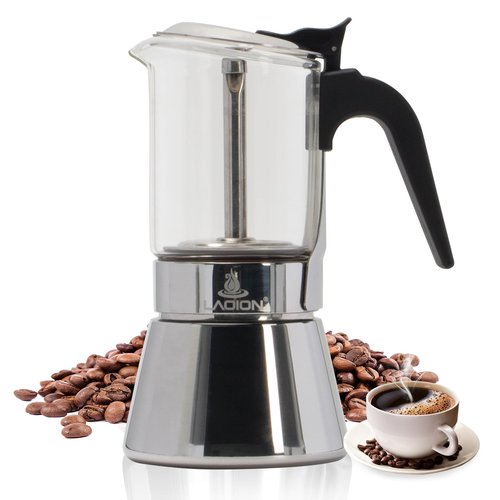 LAOION Stovetop Espresso Maker, 3Cup 160ml Moka Pot, Crystal Glass-top & Stainless Steel Coffee Maker Mocha Pot, Greca De Cafe, Cuban and Italian Coffee Maker for Cafetera Cubana