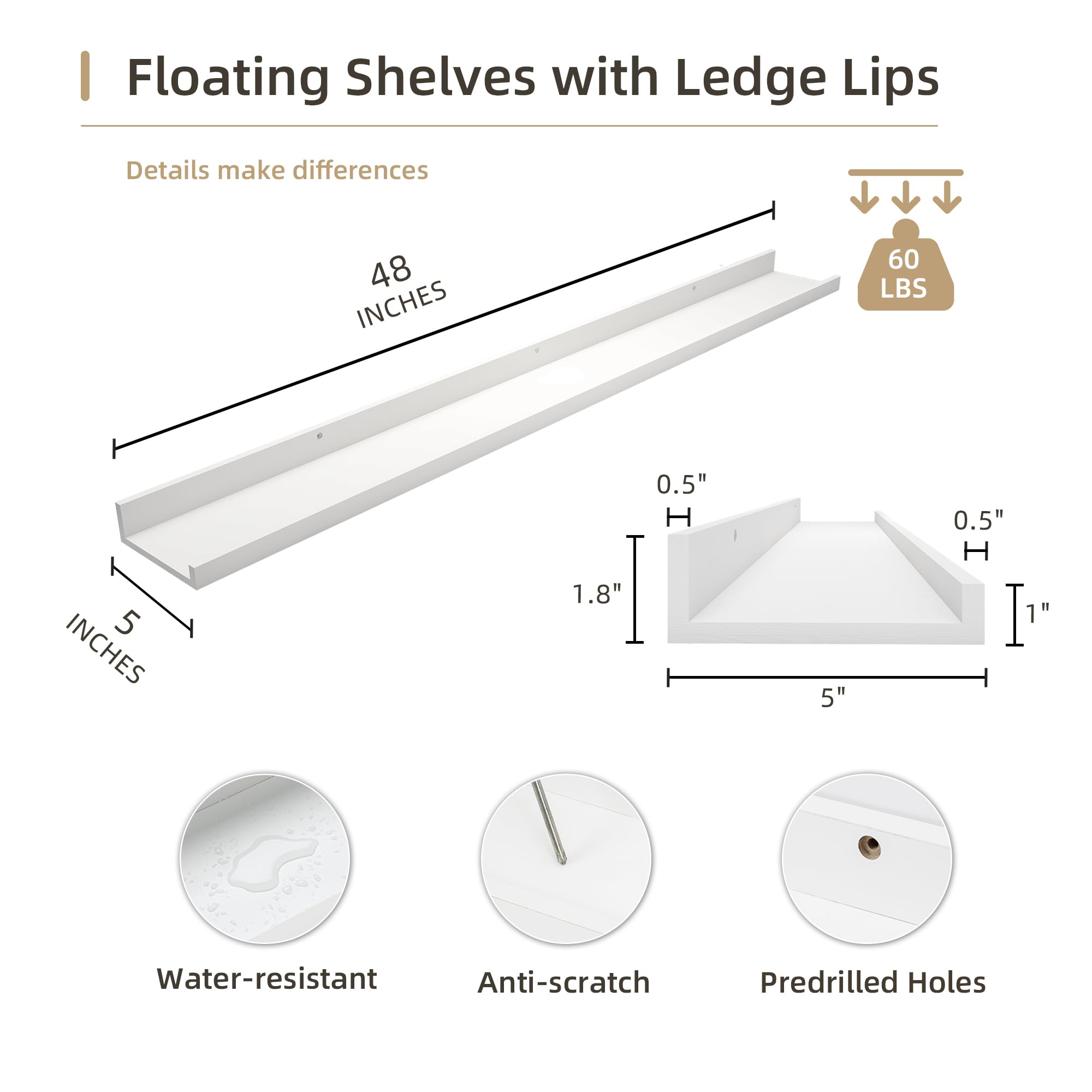 Acovy Picture Ledge Shelf, Wood Long Floating Shelves for Wall, Set of 2, 48 inch Picture Ledge Shelves, Photo Ledge Nursery Book Shelves Wall Mounted for Living Room Kids' Room Bedroom, Color White