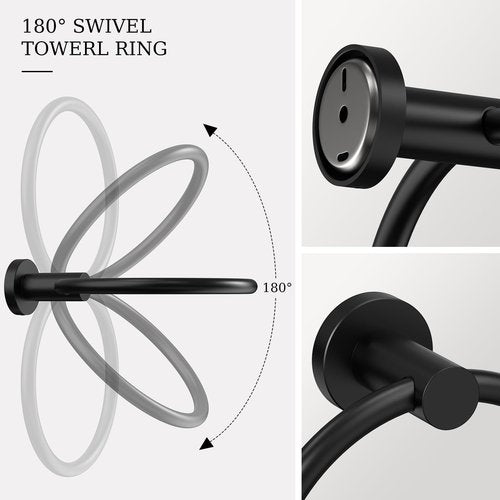 Evolvegoods Matte Black Toilet Paper Holder Wall Mount & Towel Holder, Bathroom Hardware Set-SUS304 Stainless Steel Double Post Pivoting Tissue Roll Holder and Hand Towel Ring Set for Bathroom, RV