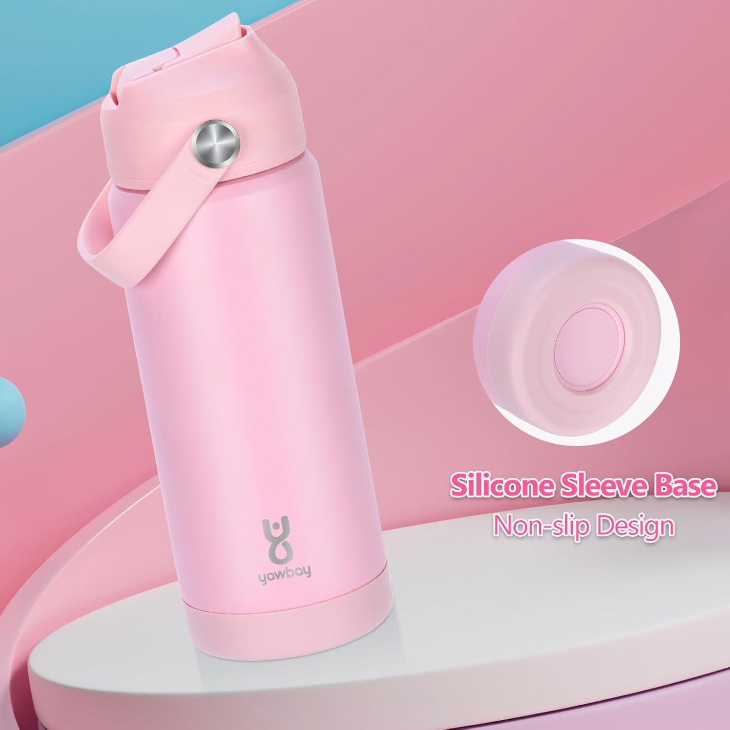 Skiennix 18oz Kids Insulated Water Bottle - Leak Proof Straw Lid & Silicone Handle | Light Pink