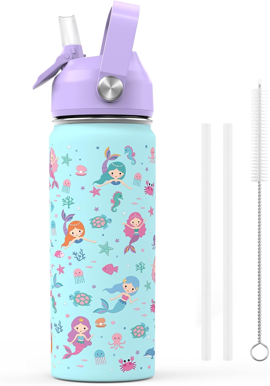 Skiennix 18oz Kids Insulated Water Bottle - BPA-Free Stainless Steel, Leak-Proof, Purple Mermaid