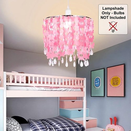 11.8" Butterfly Light Shade for Ceiling Pendant Light, Dreamy Lightshade with Crystal Beads, Acrylic Chandelier Shades, Crystal Lamp Shade with Star Light Effect for Girl’s Bedroom Decoration, Pink