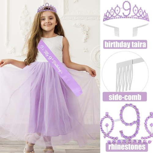 9th Birthday Decorations for Girls,Purple Headband & Glitter Sash Set for 9 Year Old Girl Birthday Decoration (Purple)