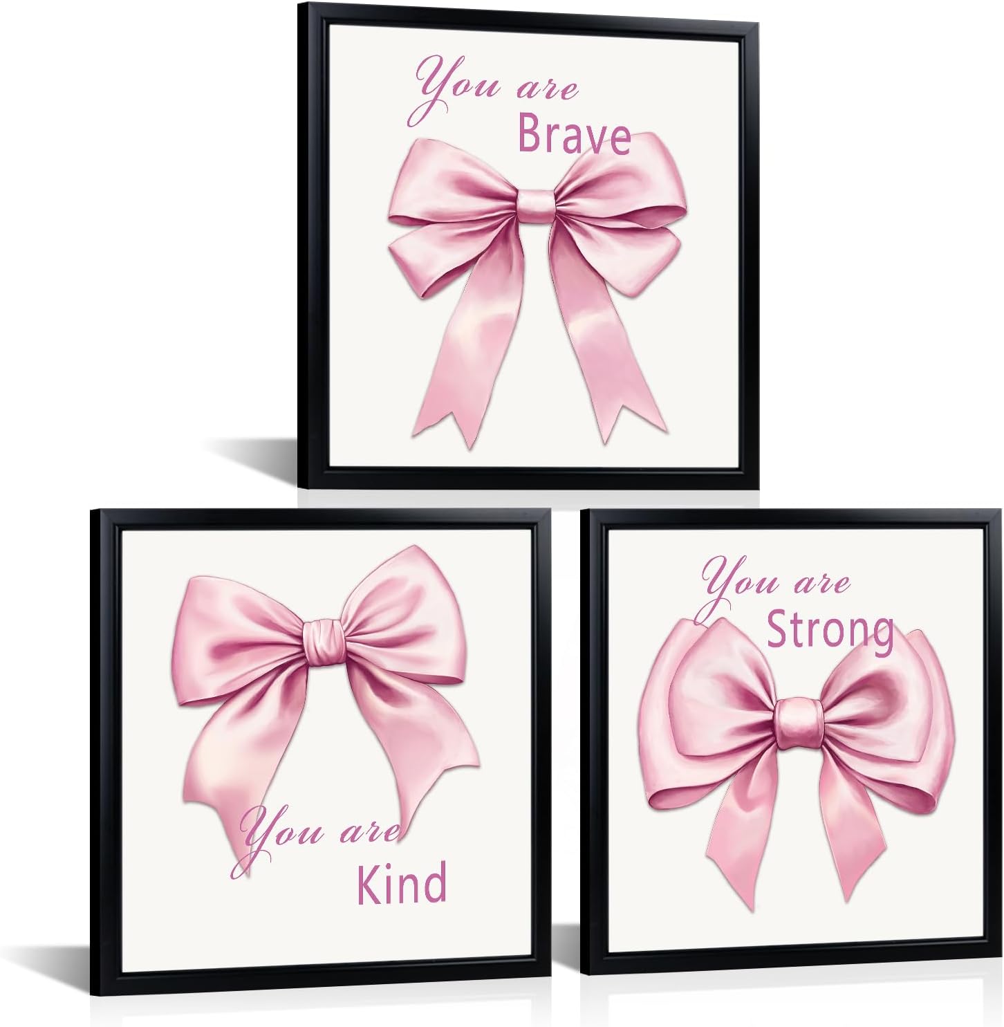 WELMECO Bow Wall Decor - Inspirational Framed Art Set for Girls | 3-Piece 12x12" Prints in Black Frame (Pink)