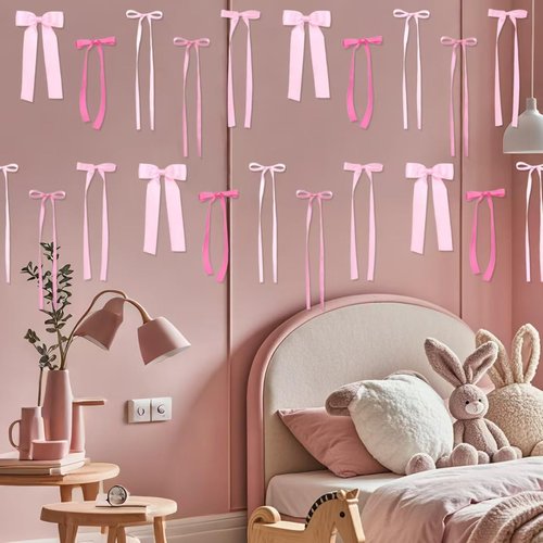 50Pcs Pink Bows for Wall Decor - DIY Bow Photo Backdrop, FCQWMTSD Ribbon Bow Garland, Party Decorations for Birthday, Baby Shower, Bachelorette, Wedding,Room Bedroom Decor