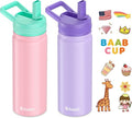 Baab Insulated Kids Water Bottle - 18oz Stainless Steel with Straw & Stickers | Pink & Purple, 2 Pack