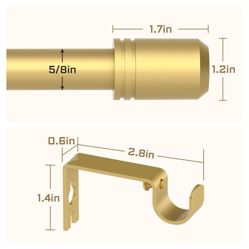 GXOACKJ Curtain Rods for Windows 28 to 48-60 Inches, 5/8 Inch Gold Adjustable Small Curtain Rod Set with Brackets for Bedroom Living Room