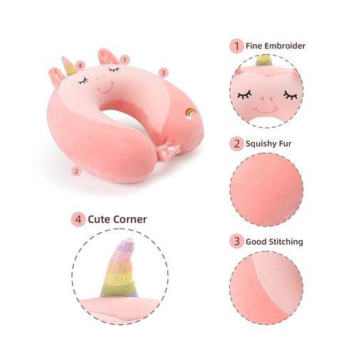 Niuniu Daddy Unicorn Kids Travel Pillows for 3-8 Y/O, Travel Essentials for Road Trip Long Flight, Soft Memory Foam Neck Pillows for Airplane, Car Seat, Traveling, Sleeping for Boys Girls Toddler
