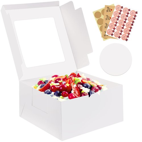 Vorfre 3 Pack Cake Boxes, 10x10x5 Inches Cake Boxes with Boards, White Square Bakery Boxes with Window, Disposable Cake Containers with Lids for Pastry Pie Cookies Chocolates Wedding Birthday Party