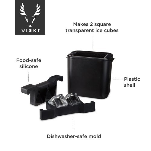 Viski Glacier Ice Maker, Ice Cube Mold for Whiskey on the Rocks, Old Fashioned & Craft Cocktail Drinks, Makes 2 Large Crystal Clear Cubes, Birthday Gifts for Men, Home Bar Accessories, Set of 1, Black