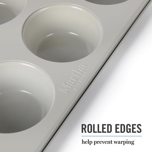 Martha Stewart Gallen 12-Cup Nonstick Carbon Steel Muffin and Cupcake Pan – Cool Grey, Durable Bakeware for Even Baking and Easy Release