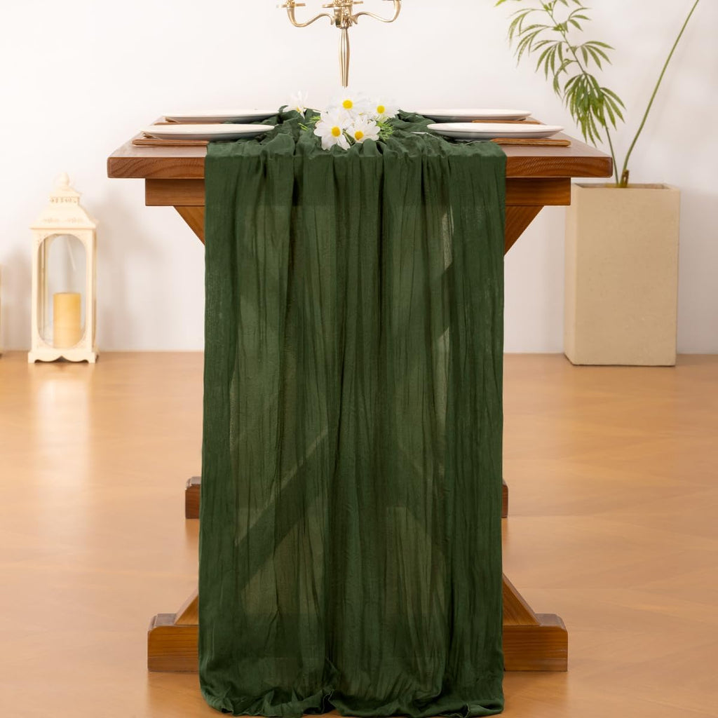 Socomi Olive Green Cheesecloth Table Runner - 120 Inch Boho Rustic Decor for Weddings & Events