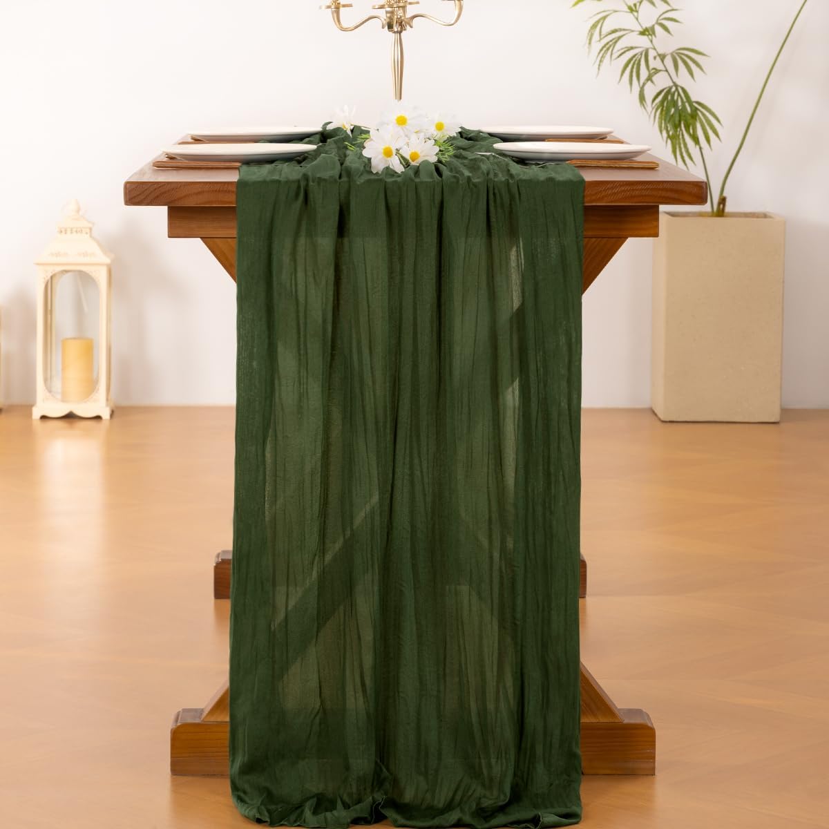 Socomi Olive Green Cheesecloth Table Runner - 120 Inch Boho Rustic Decor for Weddings & Events