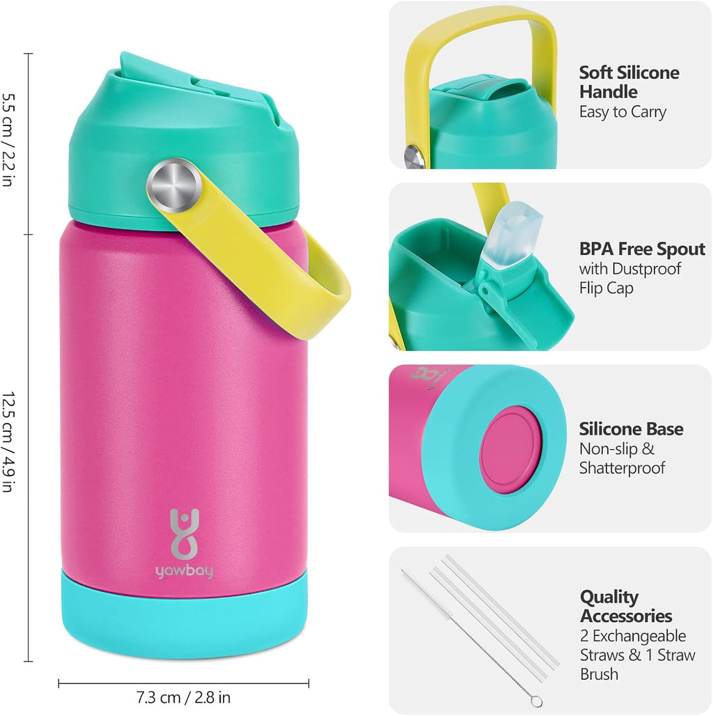 Skiennix Kids Insulated Water Bottle - 12oz Leak-Proof Design with Straw Lid & Silicone Handle | Rose Pink