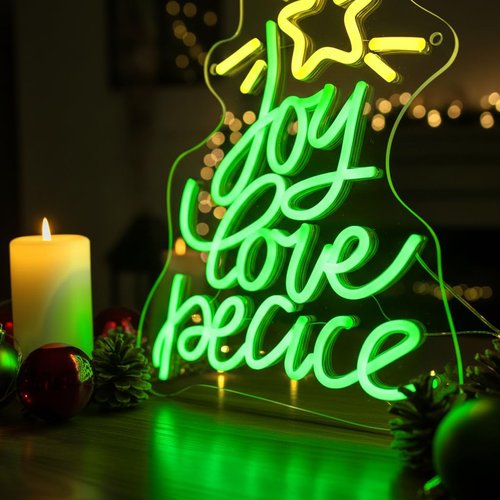 Christmas Tree Neon Sign - USB Powered LED Wall Decor for Peace, Love & Joy | Perfect Holiday Gift