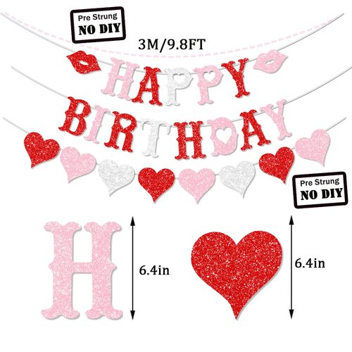 FHGG Glitter Valentines Birthday Decorations Banner Pre-Strung Red Glitter Heart Garland Happy for Galentine's Valentine' Birthday Party Decor NO DIY