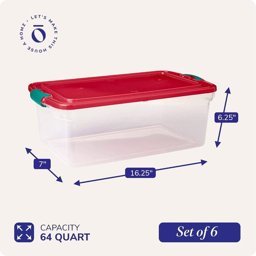 HOMZ 6-Pack Holiday Tote | Clear/Red Plastic Storage Bins with Lids - 64 Quart Stackable Organizers for Home, Garage, Office