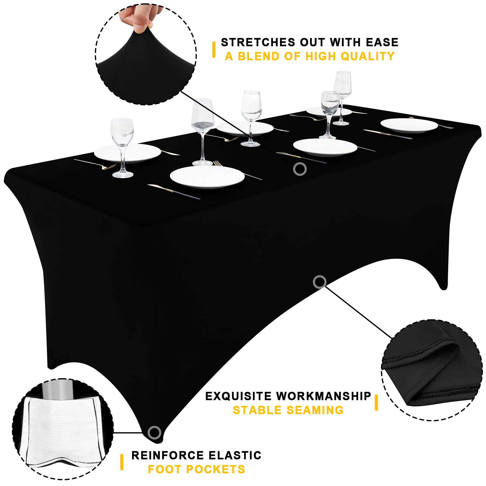 Smiry 6 Pack Spandex Table Cloth 6FT, Elastic Fitted Stretch Tablecloths, Washable and Wrinkle Free Rectangular Patio Talole Cover for Outdoor, Wedding, Banquet & Parties (Black,72Lx30Wx30H Inch)