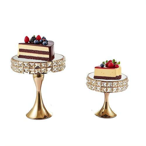 Vidisan 2 Pcs Gold 8/10 Inch Crystal Cake Stand Set Round Cake Stand with Crystal Bling Pendants Dessert Table Display Set for Wedding Event Birthday Party Dessert Table