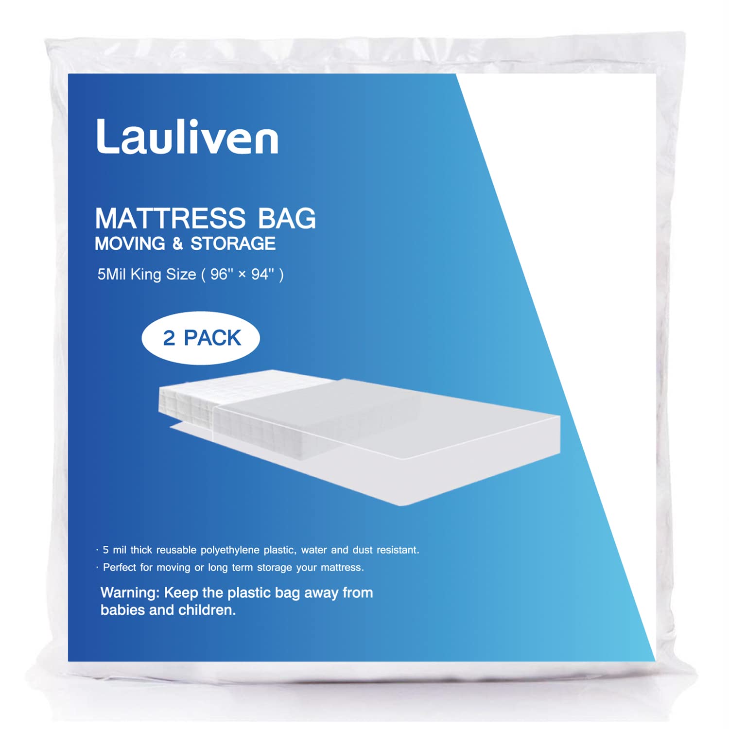 Lauliven 2-Pack Mattress Bag for Moving - King Size Mattress Storage Bag - 5 Mil Heavy Duty - Extra Thick Mattress Cover Protection - 94 x 96 Inch