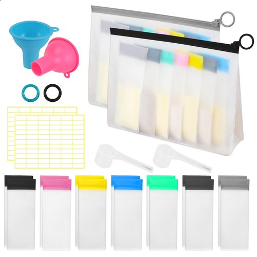 MUOUAKATE Protein Powder Travel Container Set - Reusable Powder Supplement Container to Go - 14pc Single Dose Bags and 2pc Large Travel Containers Zip Up Bags