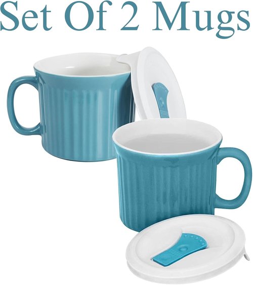 Corningware 20-Ounce Meal Mug - Oven Safe with Vented Lid, Pool Blue | Set of 2
