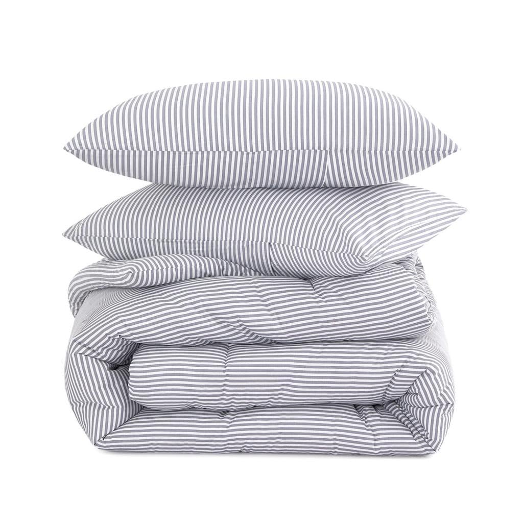 Wake In Cloud - Striped Comforter Set, 100% Cotton Fabric, Ticking Stripe Vertical Pinstripe Neutral Farmhouse Aesthetic, 3 Pieces Bedding Set, Gray, King Size