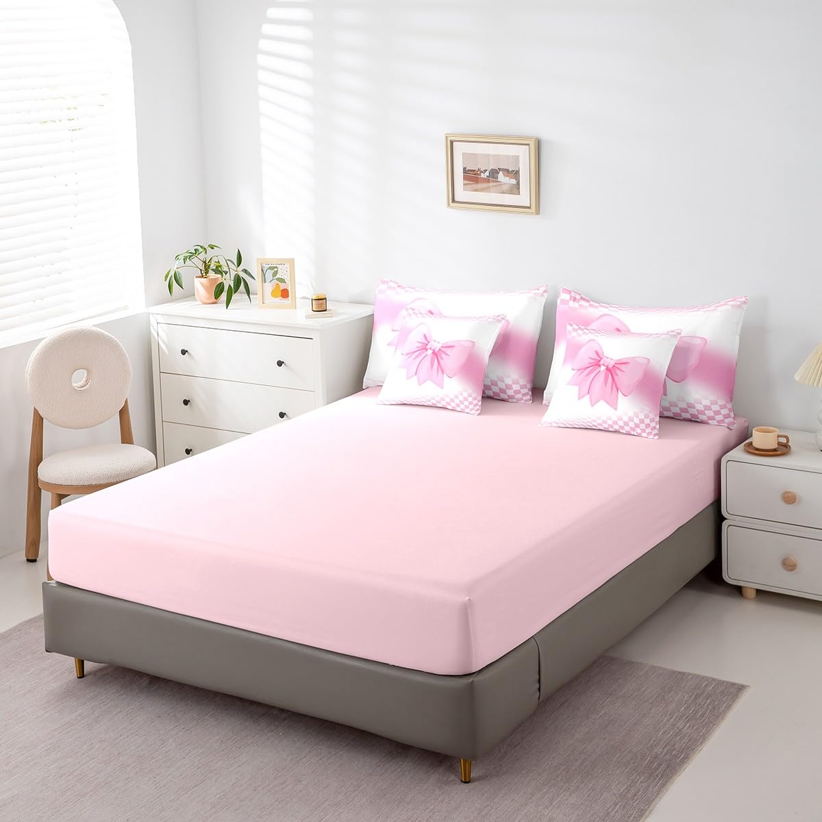 Erosebridal Pink Bow Comforter Set 7 Piece Bed in A Bag Twin,Princess Bowknot Coquette Bedding Sets White and Pink Plaid Bows Comforter and Sheets for Cute Girls Women Dreamy Kawaii Room Decor