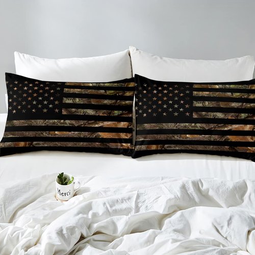 American Flag Camo Bedding Set Queen,Military Hunting Bed Sheets Rustic Tree Leaves Camouflage Bed Sheet Set For Boys Teens Kids Man Nature Conifer Oak Branches Fitted Sheet & Flat Sheet 4 Pcs