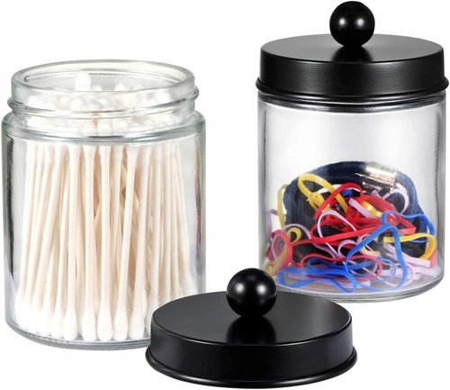 Amolliar Apothecary Jars Set - 4 Pack Bathroom Storage Canisters with Stainless Steel Lids & Cute Stickers | Black Qtip Dispenser for Cotton Swabs & Makeup Sponges
