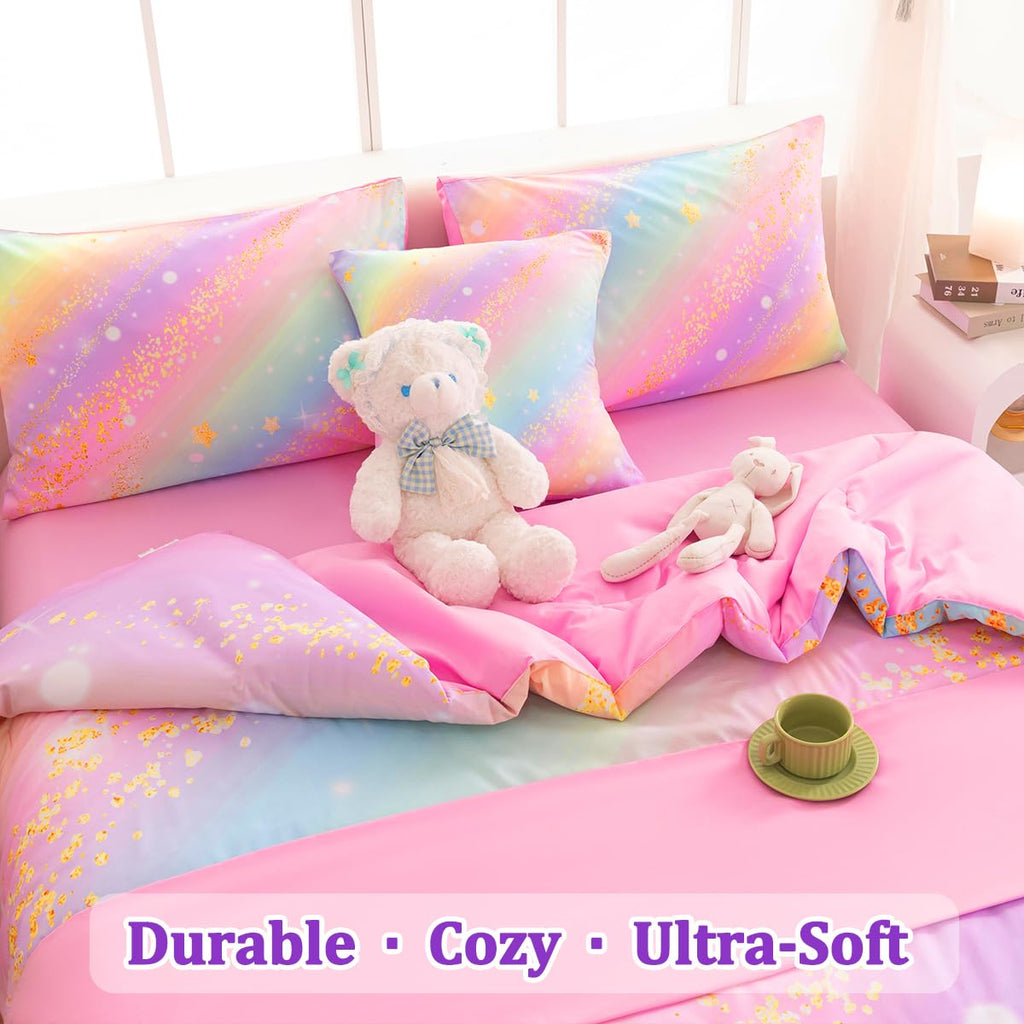 ASKOTU Full Size Bedding Sets for Girls, 6 Pcs Bed in A Bag Full Glitter Galaxy Bedding Set, Girls Pink Rainbow Comforter Set with Sheets
