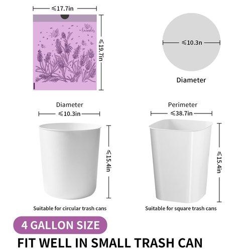 Trash bags, 4 Gallon Trash Bags Drawstring, Colorful & Portable Small Trash Bags with Lavender Printed, Tear-Resistant Garbage Bags 4 Gallon for Bathroom Office Trash Cans, 50 Count
