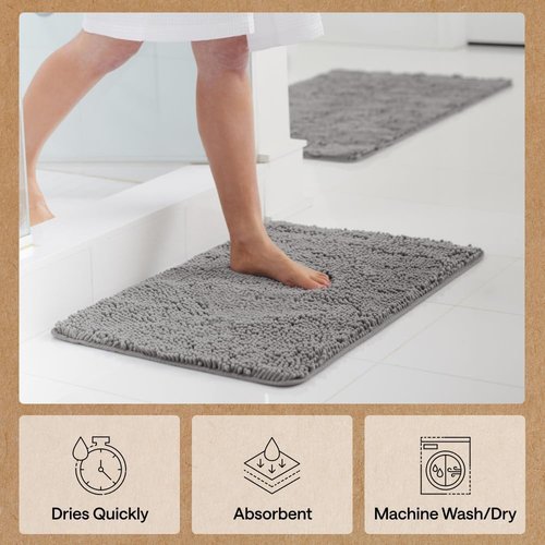 GORILLA GRIP Bath Rug Mat - Soft Absorbent Chenille | Quick-Dry Microfiber, 36x24, Grey