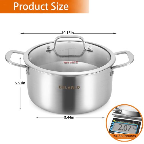 DELARLO Tri-Ply Stainless Steel 6QT Pot with Lid, Induction Ready, 6 Quart with Lid, Durable, Noodle Pot, 18/10 Heavy Duty for Cooking, Suit for All Stove, Up to 600℉(Lids 300℉)