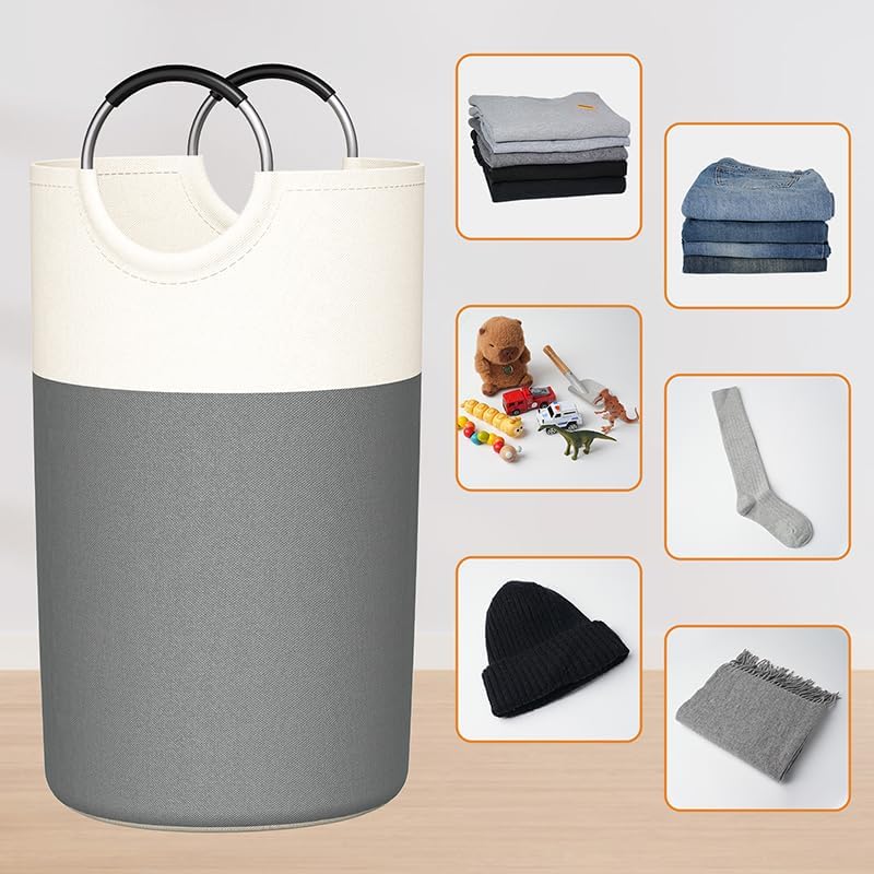 Skiennix 90L Laundry Hamper - Large Collapsible Baskets with Soft Aluminum Handles | Grey, 2 Pack