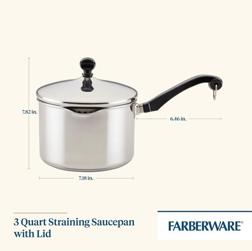 Farberware Classic Stainless Steel 3-Quart Covered Straining Saucepan - Durable & Stylish Silver Finish
