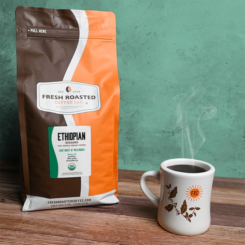 Fresh Roasted Coffee, Organic Ethiopian Natural Whole Bean Coffee, Light Roast, USDA Organic, 100% Single Origin, Kosher, 5 lb (80 oz)