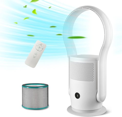 Bladeless Tower Fan - HEPA Filter & 80° Oscillation | Remote Control, 9 Speeds, 8H Timer, White