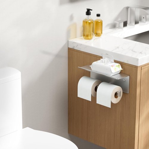 FORIOUS Double Toilet Paper Holder with Shelf, 304 Stainless Steel Wall Mount Commercial Toilet Paper Dispenser, Bathroom Tissue Roll Holder with Storage for Phone, Book, Essentials, Brushed Nickel