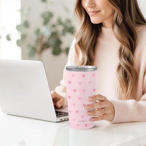 SANDJEST Heart Tumbler 20oz, Stainless Steel Travel Cup with Lid, Insulated Coffee Mug, Heart Gifts for Women Girls Friends Sisters on Birthday Christmas Valentine (Pink)