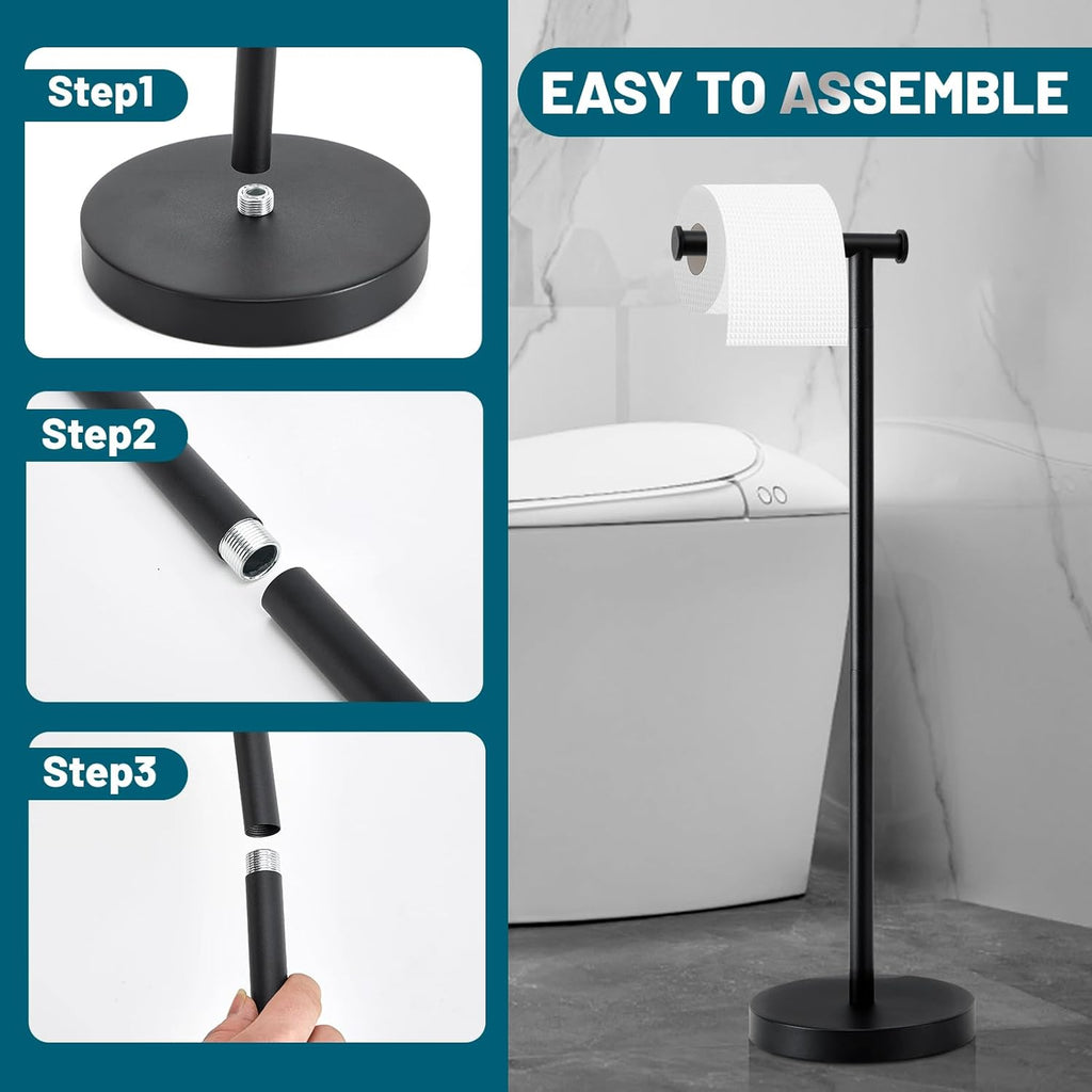 Skiennix Toilet Paper Holder - Free Standing Design with Stable Weighted Base | Rustproof Black Finish