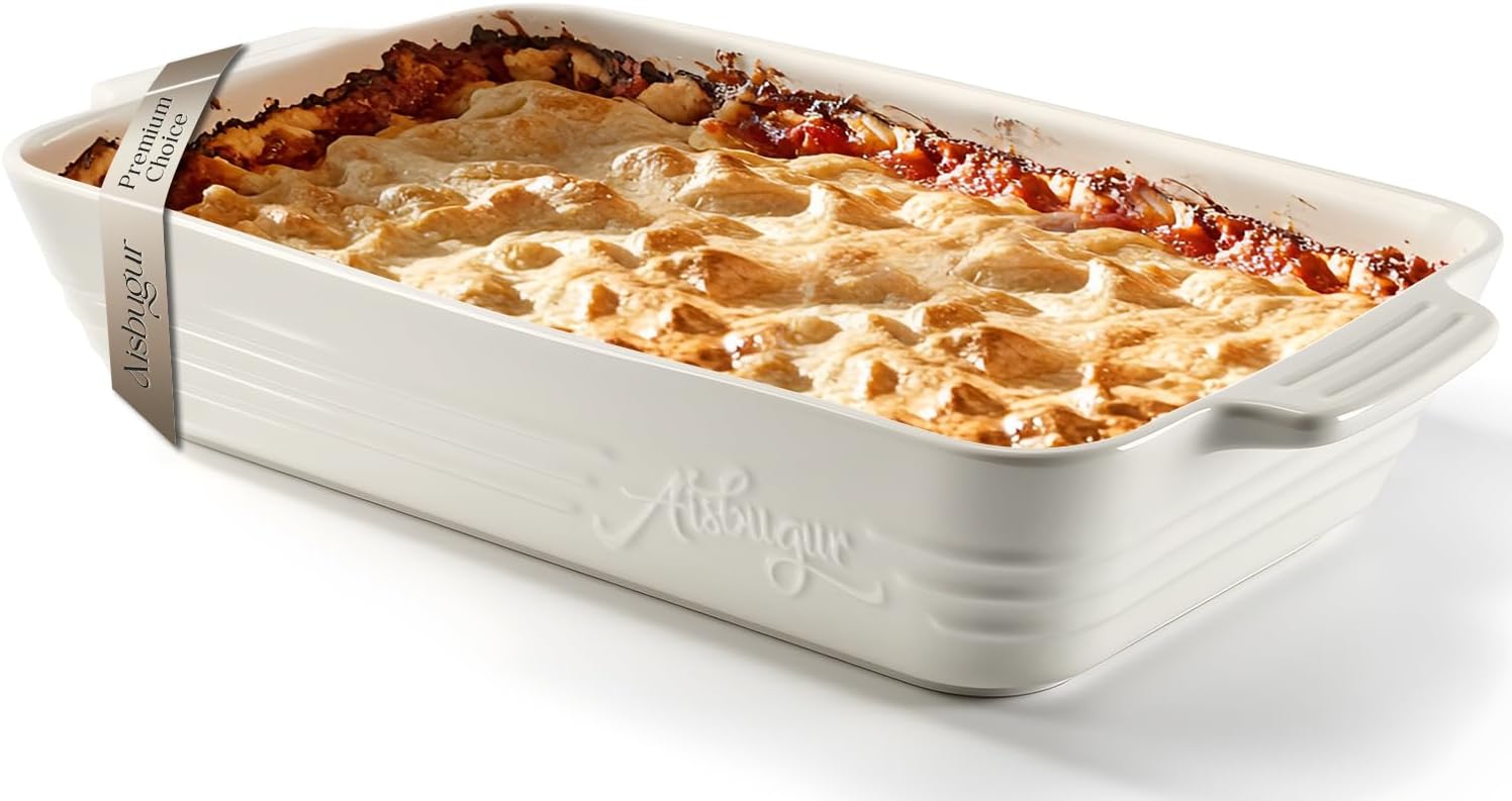 Regine Switzerland Casserole Dish - 9x13 Ceramic Baking Pan with Handles | 4.2 Quarts Durable Lasagna Bakeware in White